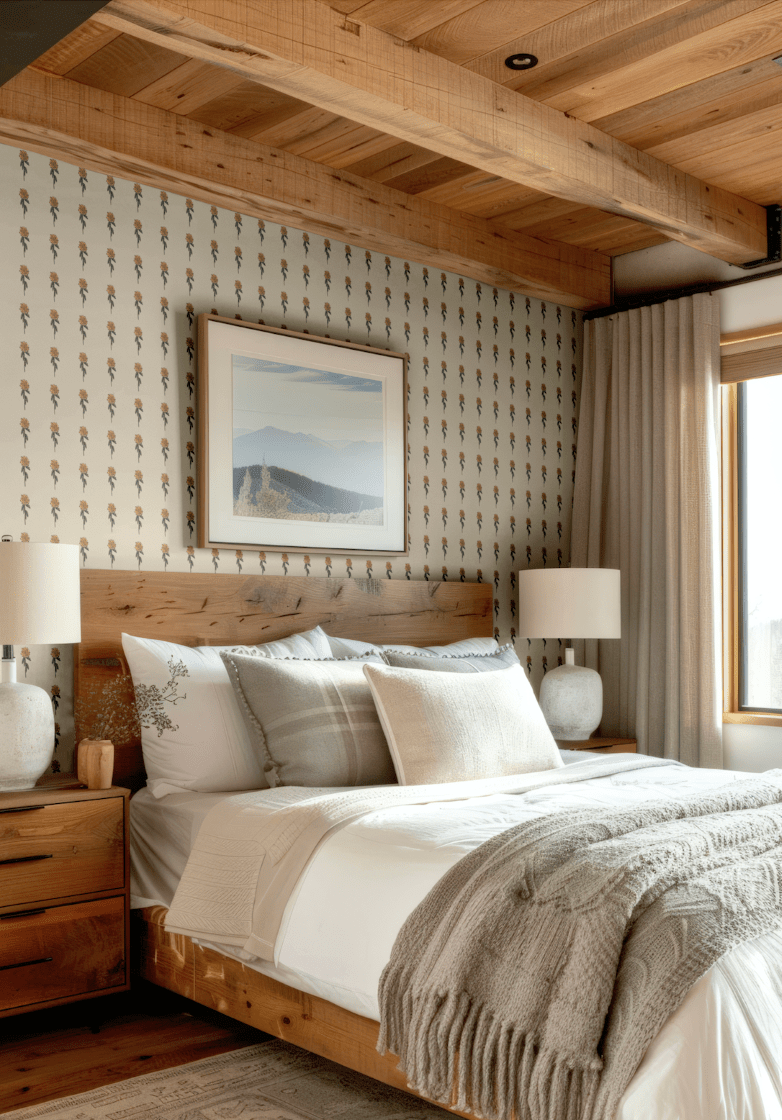 Neutral bedroom with Vintage Aster Wallpaper featuring small beige floral patterns and cozy wooden accents