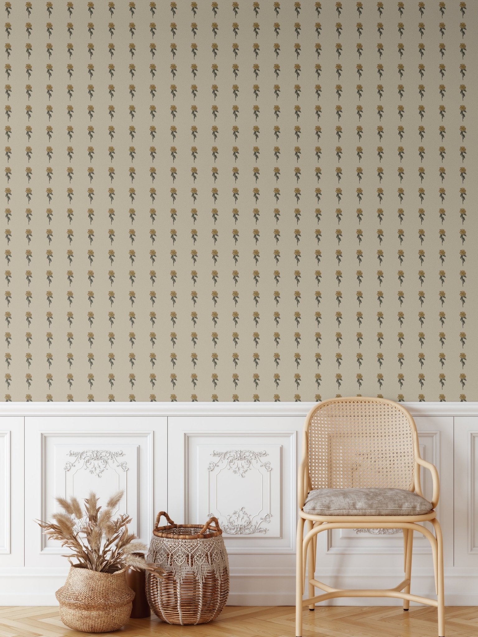 Cane chair in front of a neutral wall adorned with Vintage Aster Wallpaper's delicate floral pattern