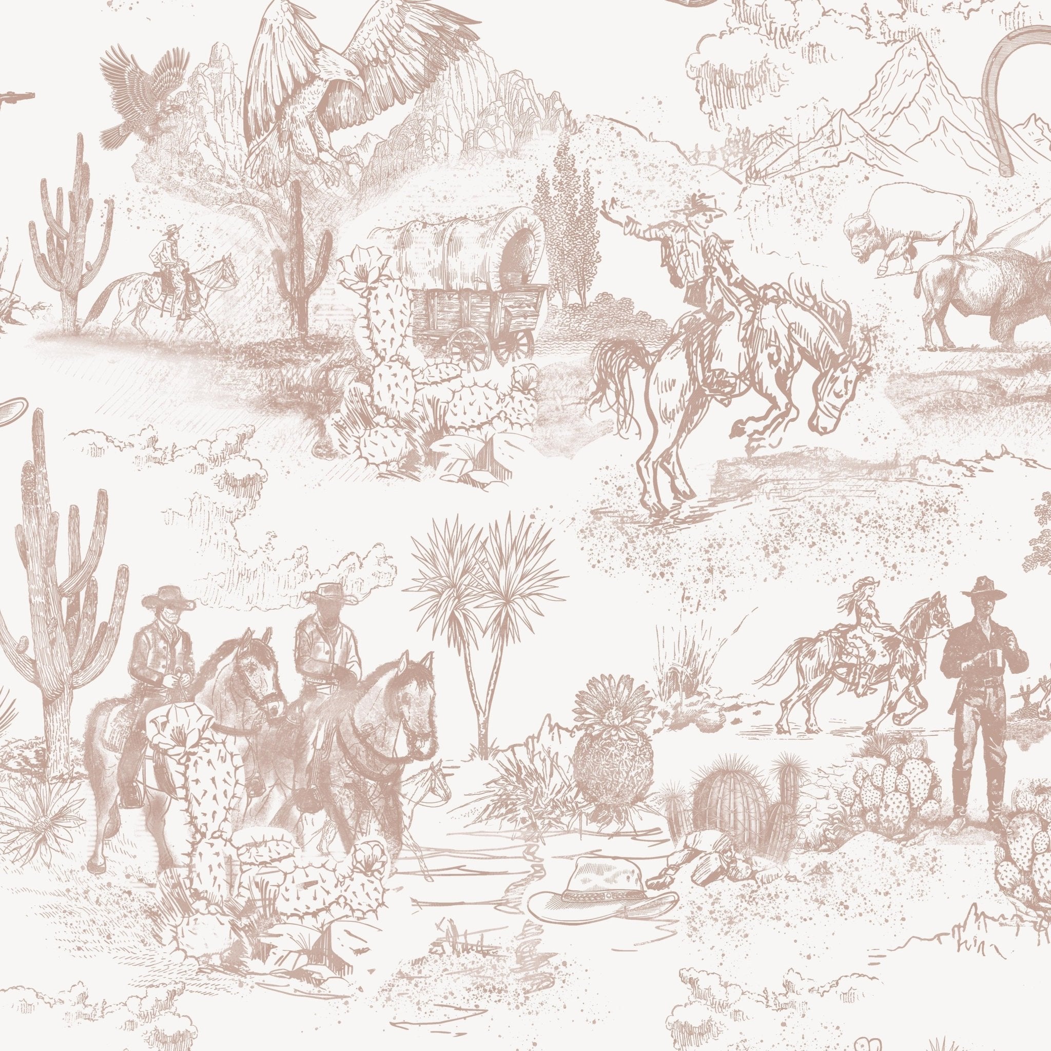 Close-up of cowboy and ranch scenes on Western Toile wallpaper
