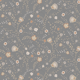 Close-up of our Winter peel and stick wallpaper, displaying intricate floral designs with warm beige and soft white flowers and leafy vines against a muted grey background