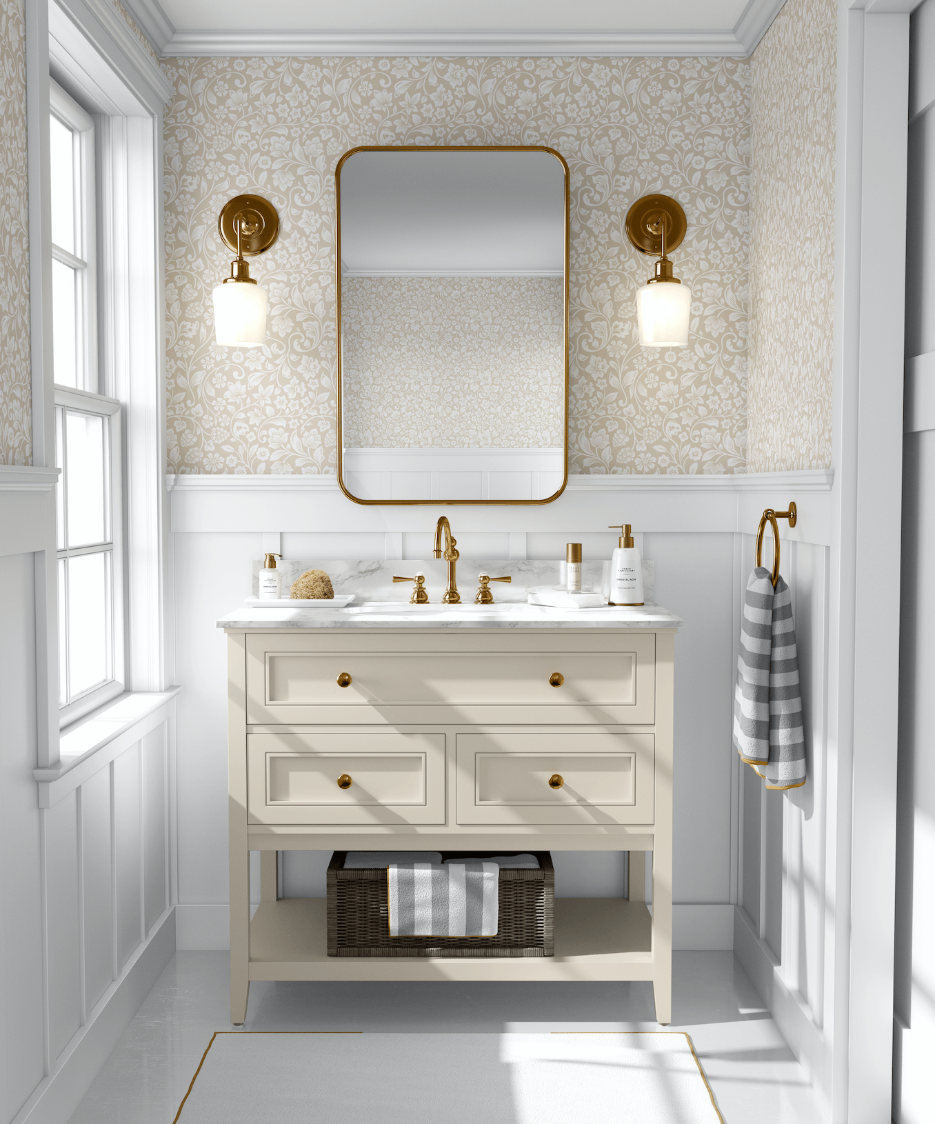 cream floral removable peel and stick wallpaper for walls in bathroom