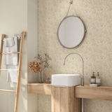Bathroom showcasing beige brocade wallpaper with an intricate, vintage floral design for a classic look.