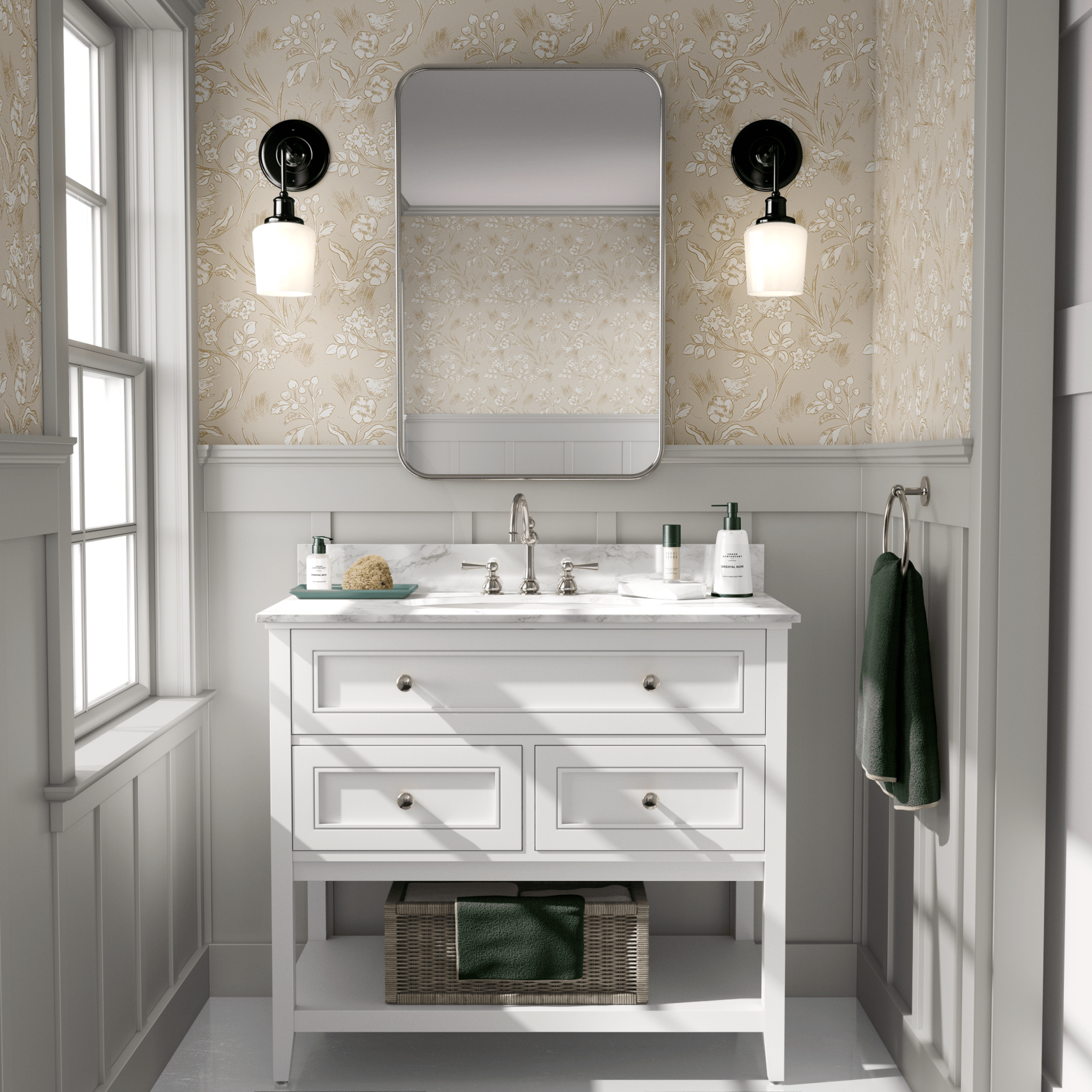 A clean and elegant bathroom with neutral birds and blossoms wallpaper, white vanity, and grey accents