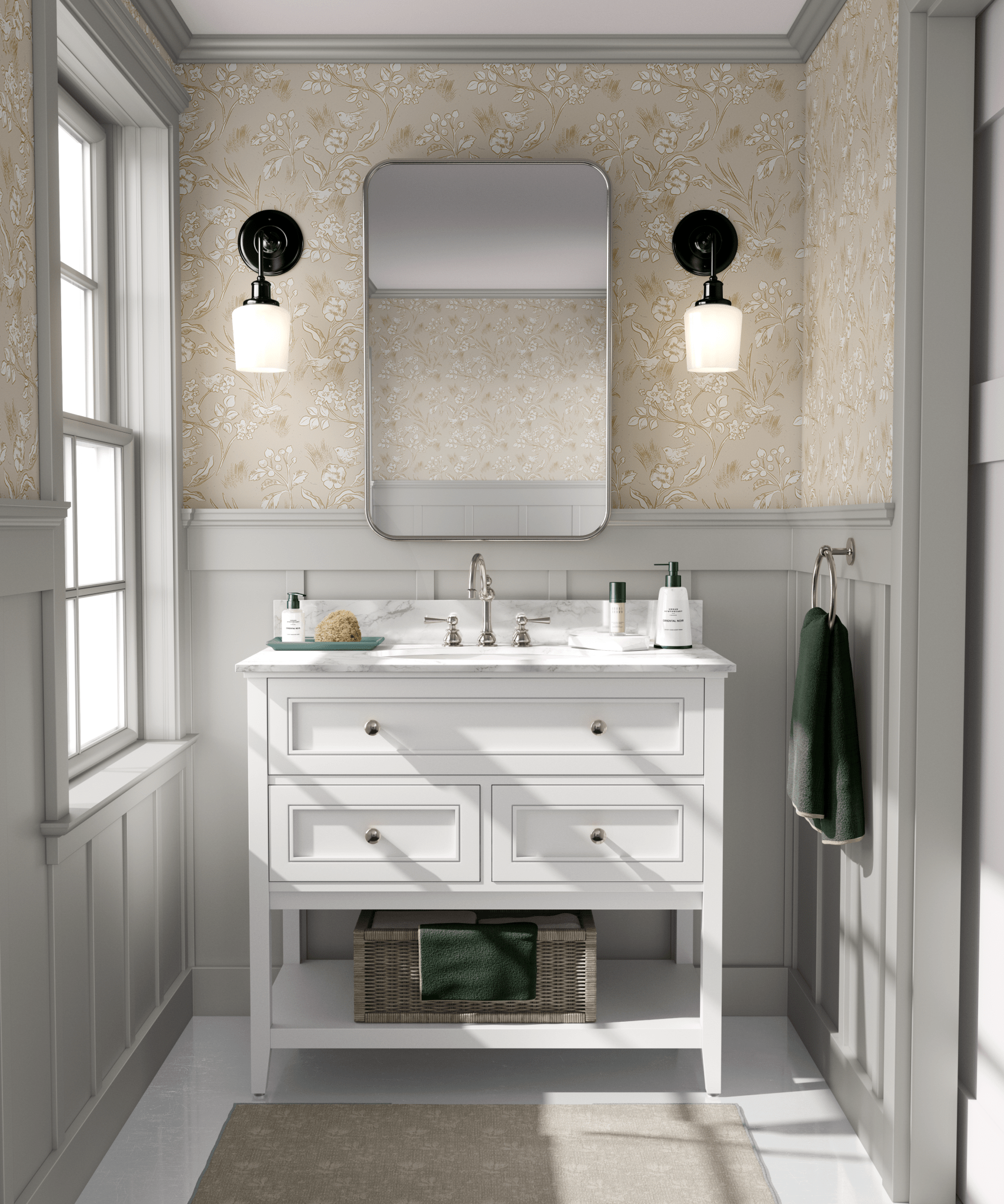 A clean and elegant bathroom with neutral birds and blossoms wallpaper, white vanity, and grey accents