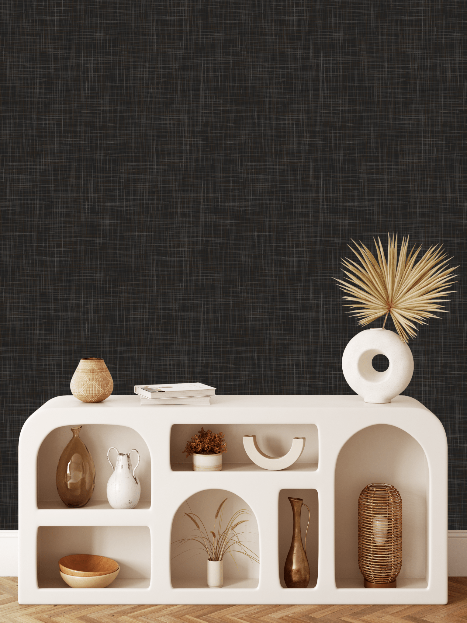 Black grasscloth peel and stick wallpaper for modern chic home