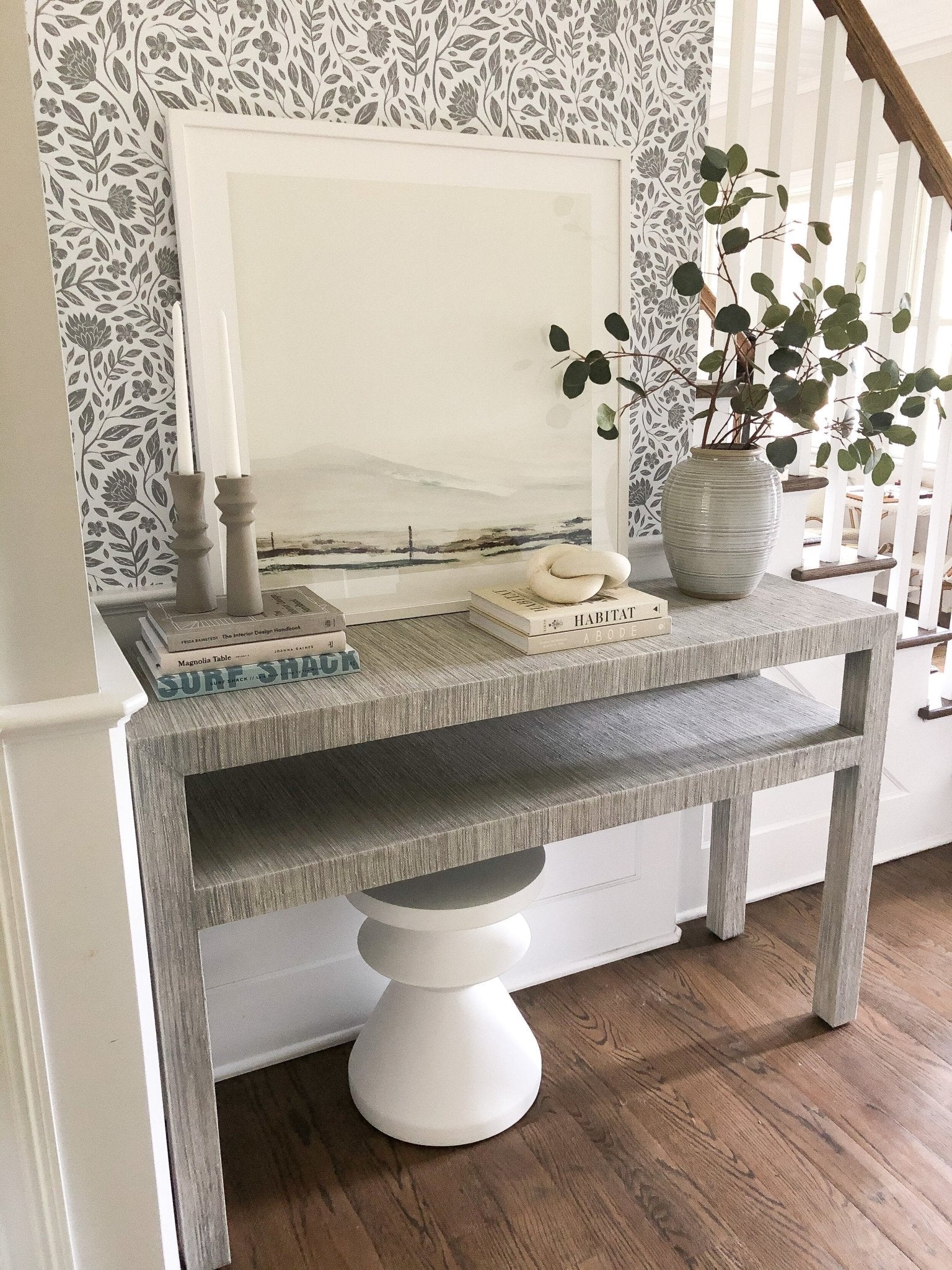 Simple aesthetic entryway décor featuring grey and white floral wallpaper peel and stick