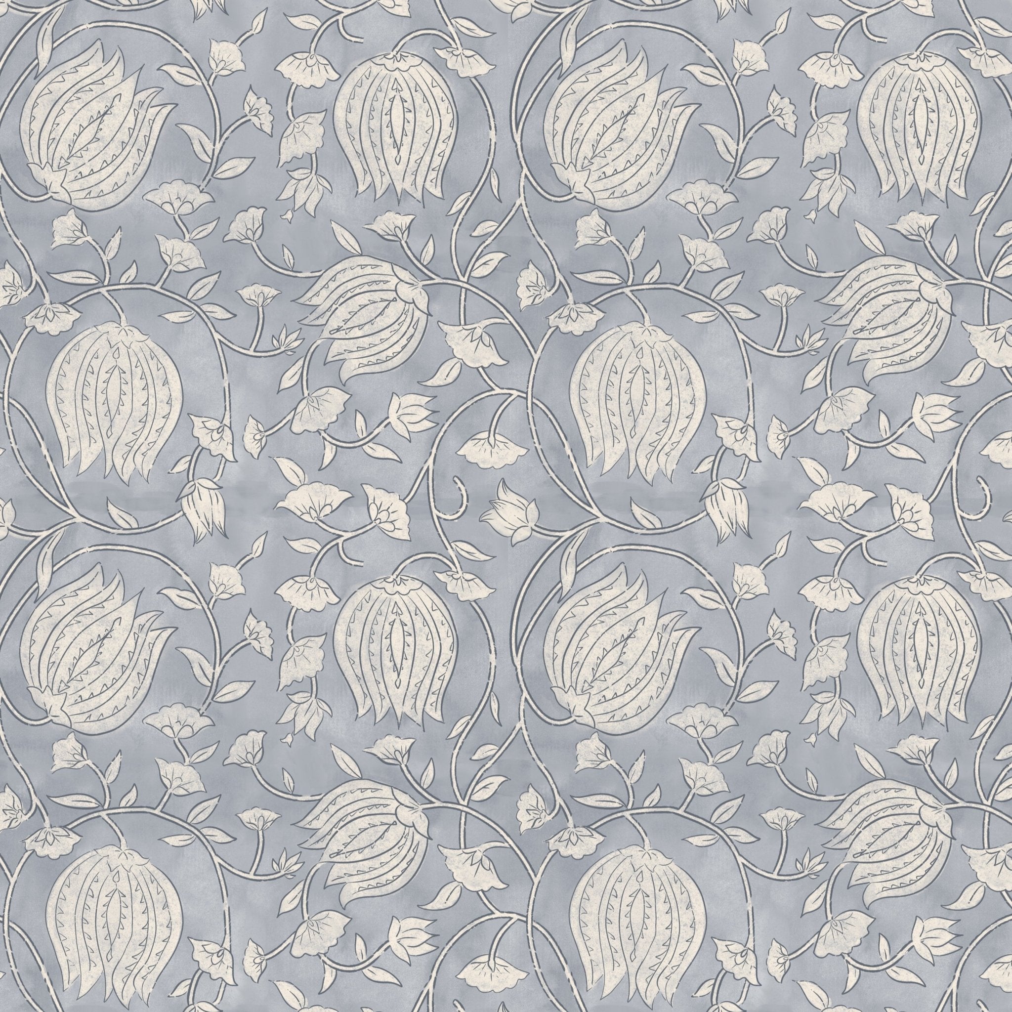 Sophisticated blue lotus wallpaper with white floral outlines against a soft blue background, ideal for a serene space