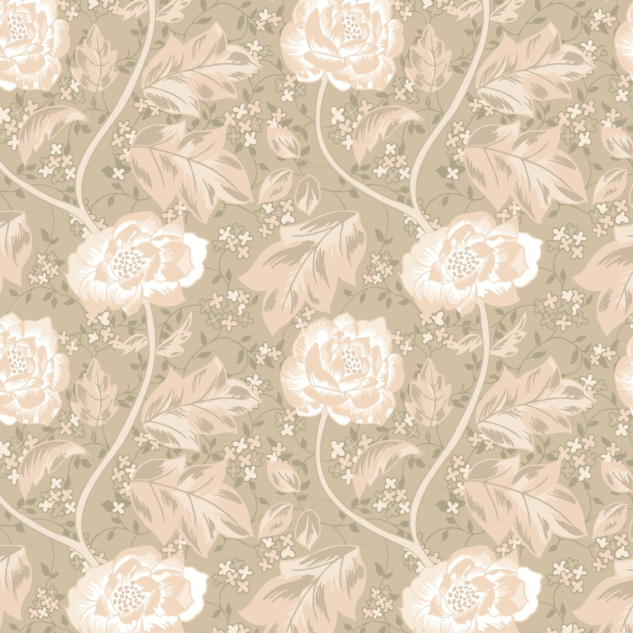 Wallpaper featuring large blush and cream flowers with lush foliage on a taupe background, giving a classic yet romantic feel to the wallpaper design