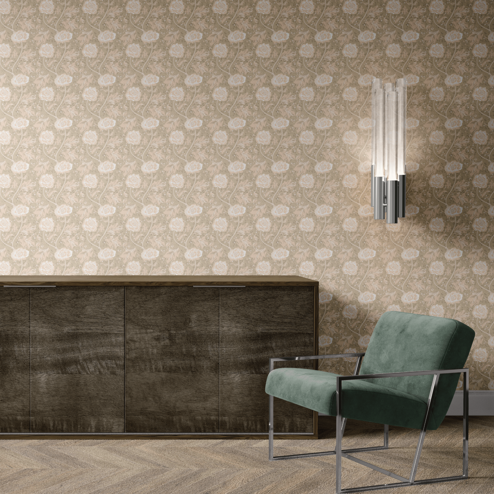 Contemporary office featuring blush bouquet neutral wallpaper with a floral motif, offering a sophisticated ambiance.