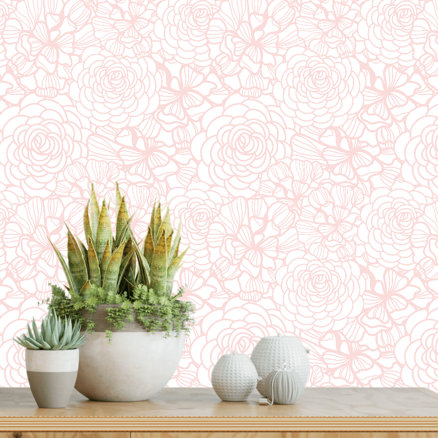 Pink Floral Hand Painted Wallpaper / Peel and Stick Wallpaper Removabl 