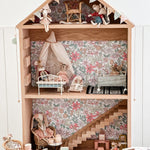 Upgrade Maileg Mice Doll House using floral Peel and Stick wallpaper as the backdrop