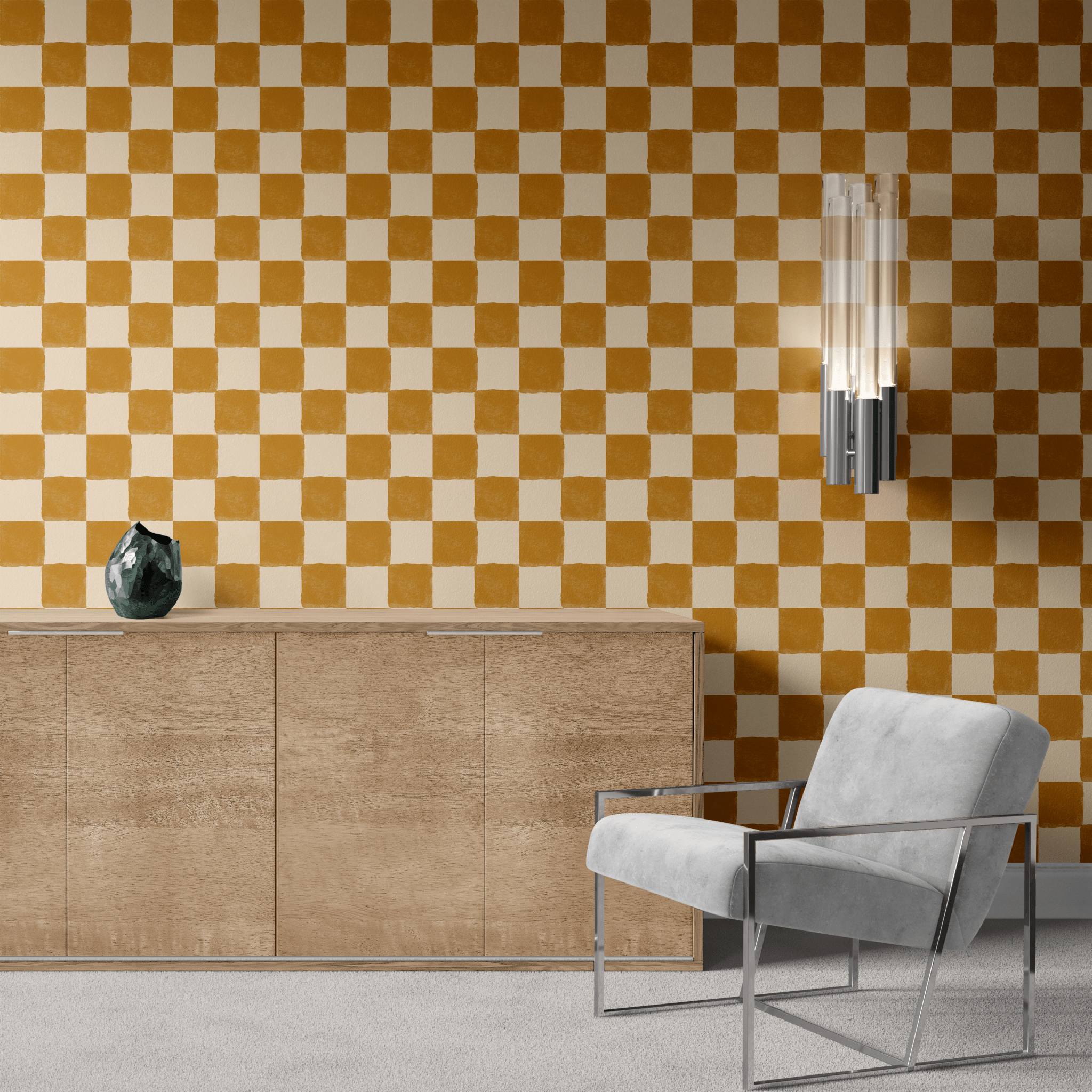 Modern interior with a burnt orange and cream checkered wallpaper, wooden sideboard, teal vase, and a grey armchair