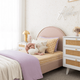 Pretty girls room with beige floral wallpaper