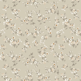 A close-up of a floral wallpaper with a neutral beige background and detailed white and brown flowers and leaves pattern throughout, giving a subtle and elegant appearance suitable for various room decors.