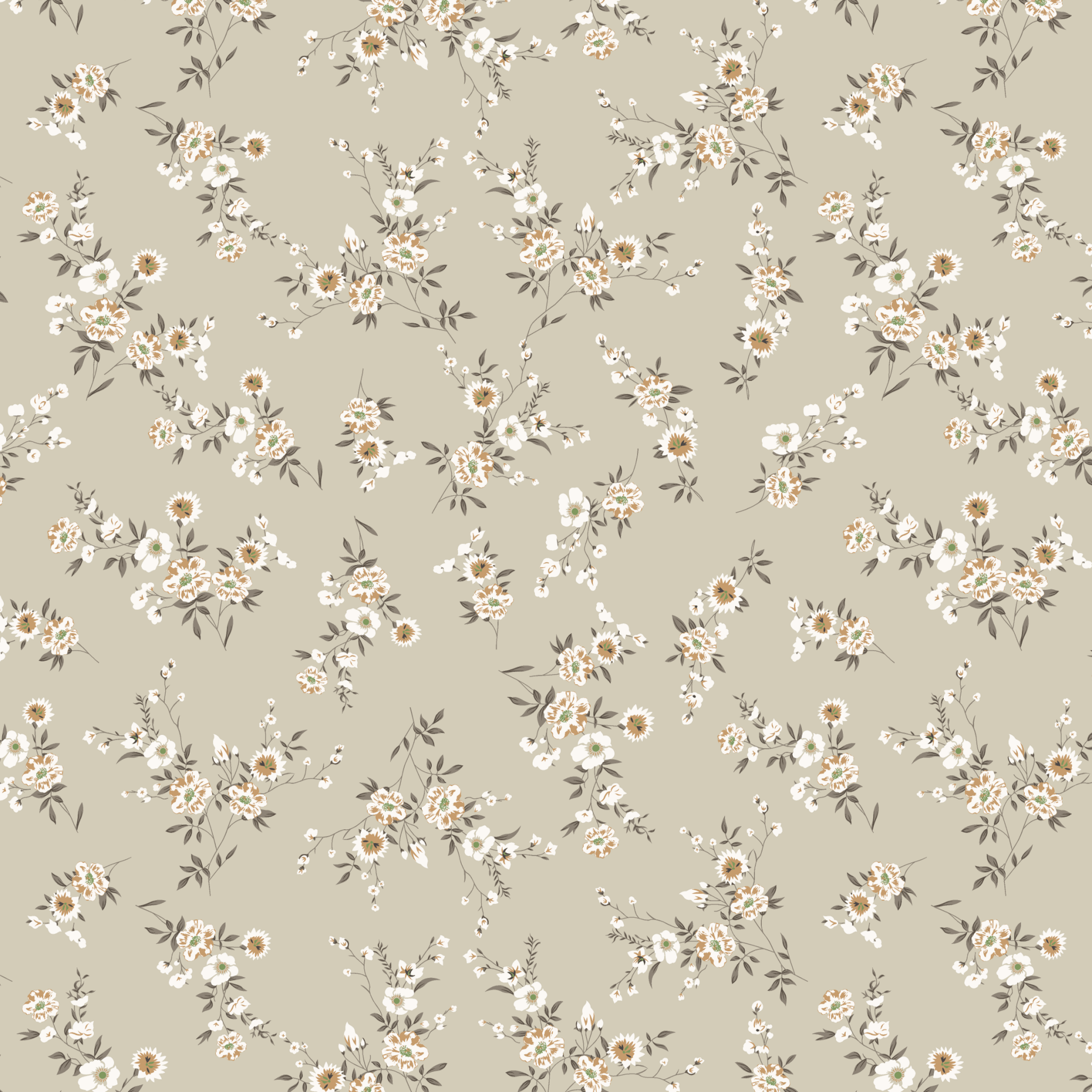 A close-up of a floral wallpaper with a neutral beige background and detailed white and brown flowers and leaves pattern throughout, giving a subtle and elegant appearance suitable for various room decors.