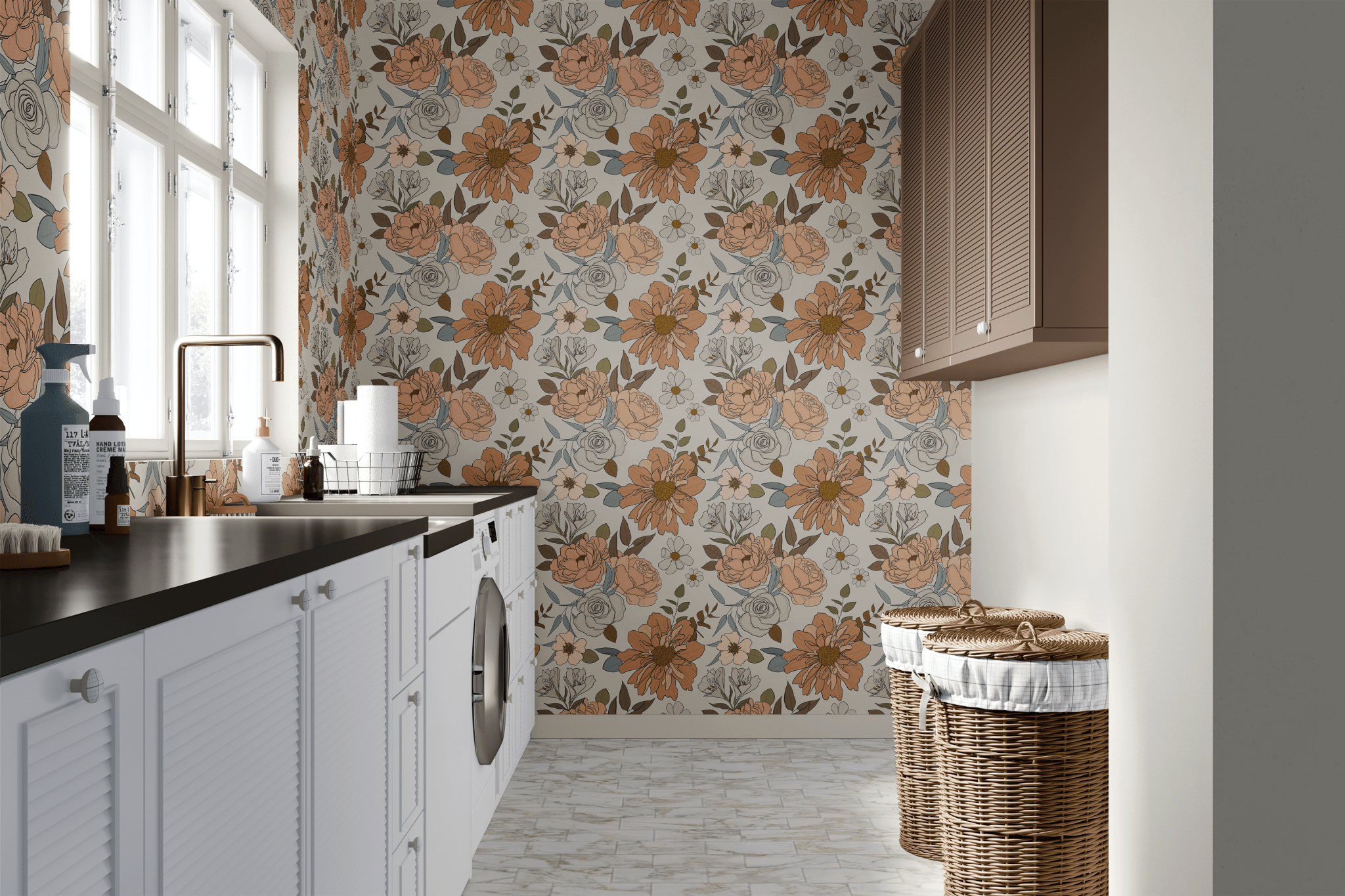 Peel and Stick ditsy floral wallpaper that is removable and great for laundry room upgrade. Self Adhesive boho floral wallpaper