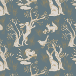 A close-up view of the wallpaper used in the previous images, displaying an intricate pattern of white rabbits, squirrels, birds, and trees with leaves, all on a navy blue background.