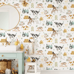 Farm animal wallpaper with cows, horses, pigs, chickens, bees, hay and tractors