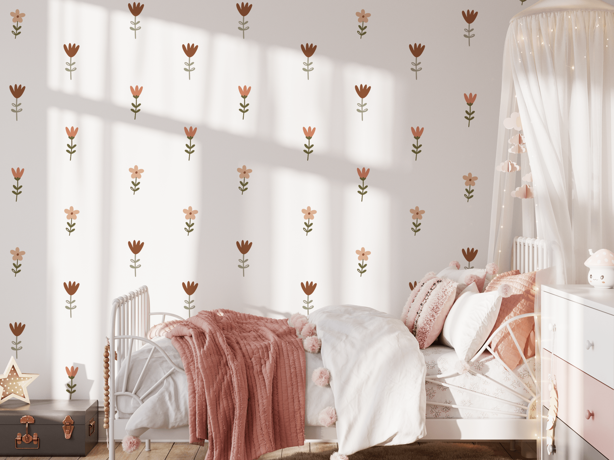Girls room with pink accents and small wildflower removable decals