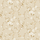 Elegant wallpaper design with cream and golden-hued flowers and delicate branches sprawling across a light beige background, offering a rich and sophisticated floral motif for interior decor