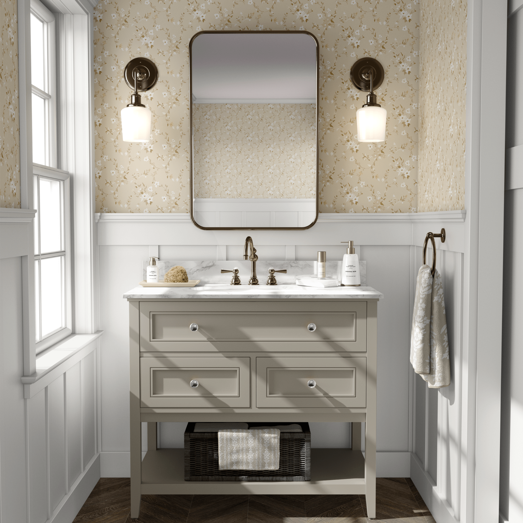 Bathroom featuring golden floral peel and stick wallpaper with elegant white wainscoting and a classic vanity.