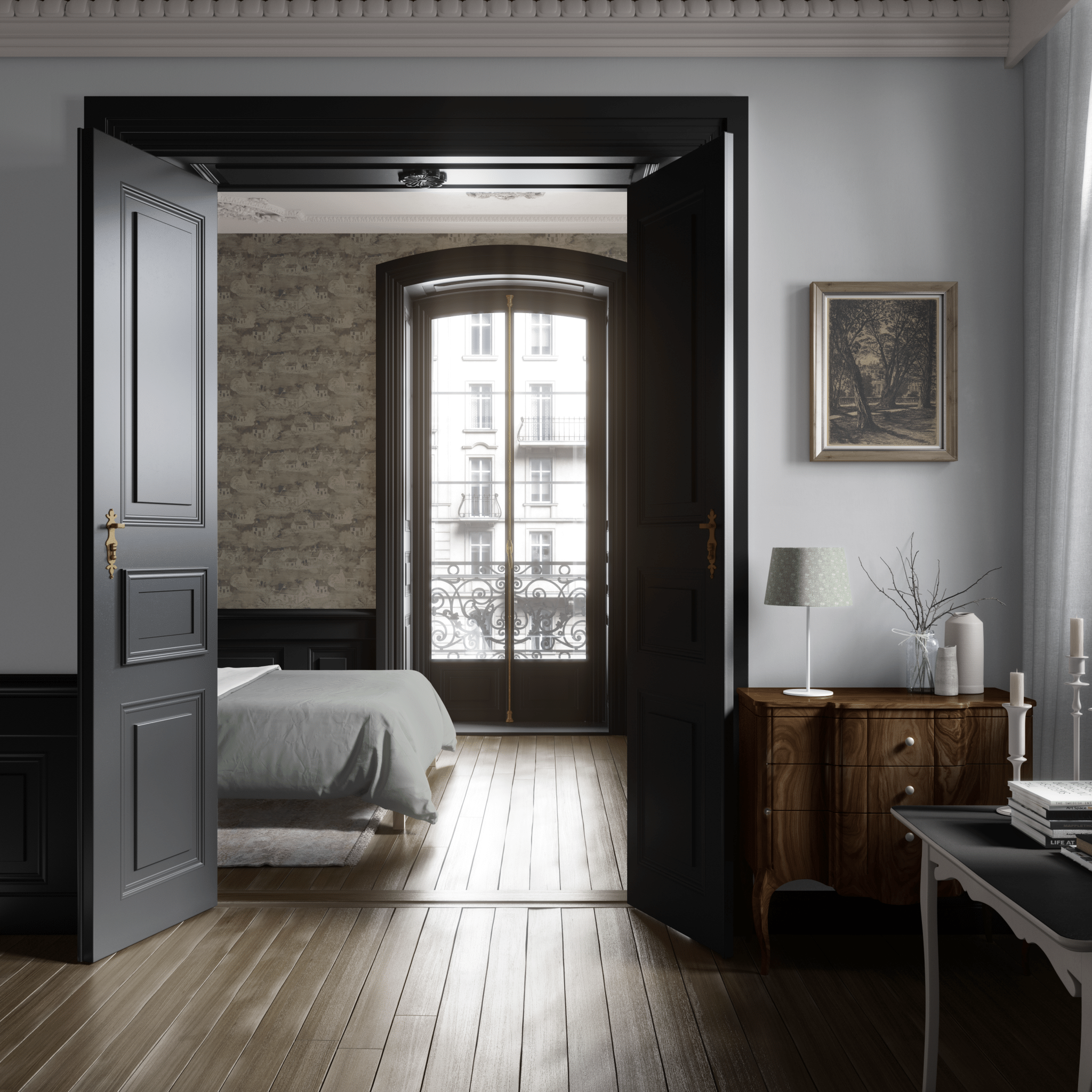 View into a bedroom with a countryside home theme wallpaper, elegant French doors, and classic furniture.