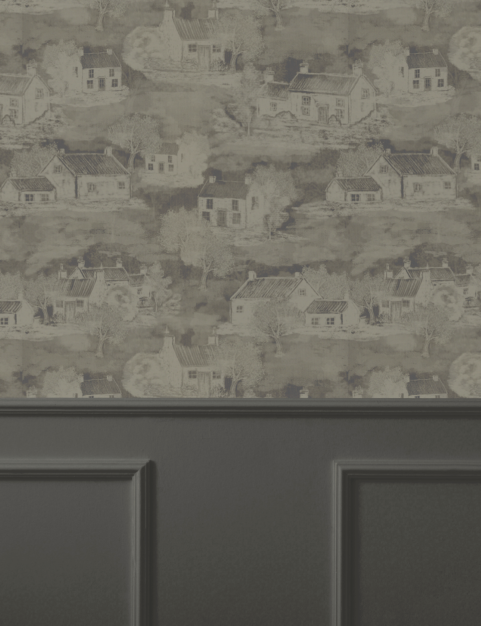 Detail of neutral wallpaper featuring vintage home scenes, ideal for a timeless interior decor.