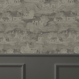 Detail of neutral wallpaper featuring vintage home scenes, ideal for a timeless interior decor.