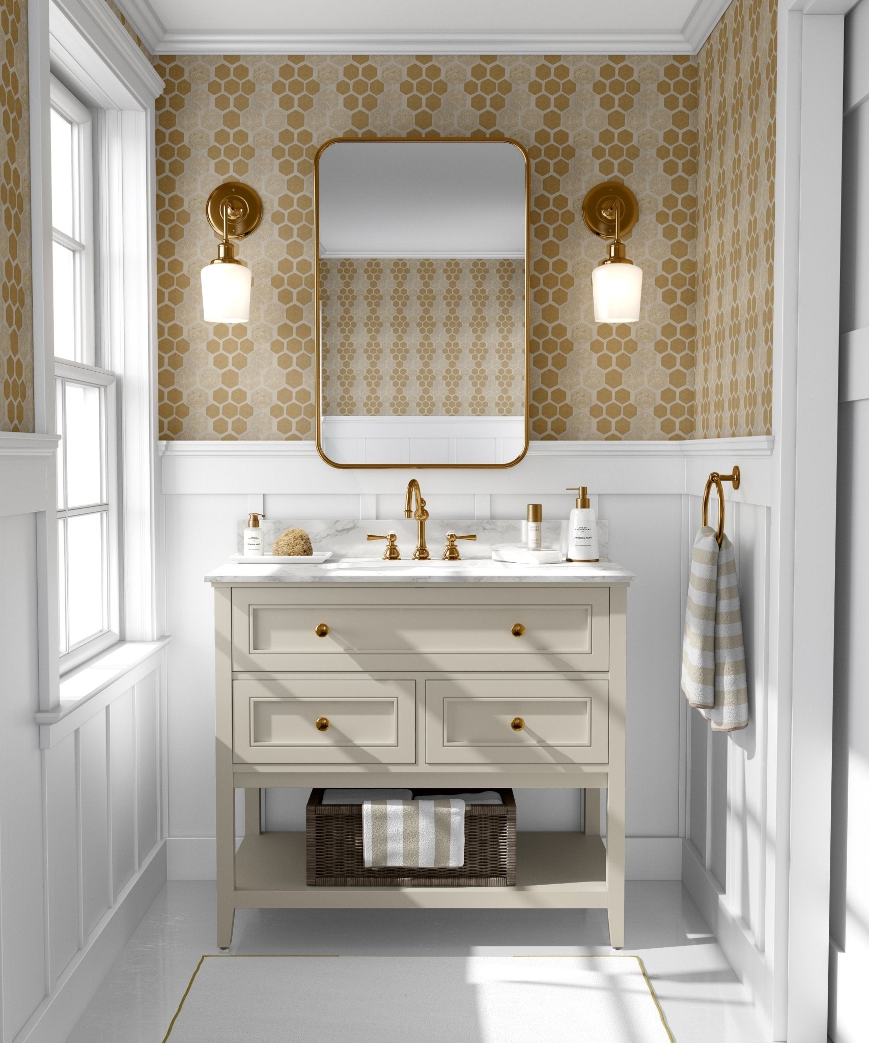 A chic bathroom interior showcases walls adorned with honeycomb flower wallpaper, featuring a pattern of gold hexagons with floral designs, complemented by a white vanity with gold fixtures, white marble countertop, and elegant gold-accented wall sconces