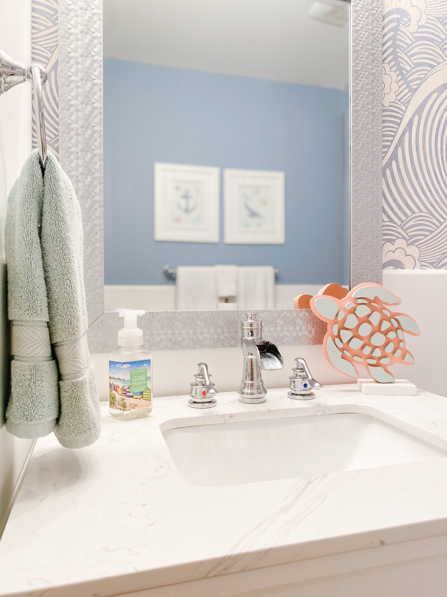 coastal wallpaper with blue waves, peel and stick