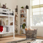 Child's bedroom with white bunk beds and aesthetic safari wallpaper