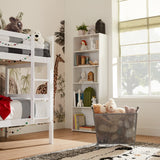 Child's bedroom with white bunk beds and aesthetic safari wallpaper