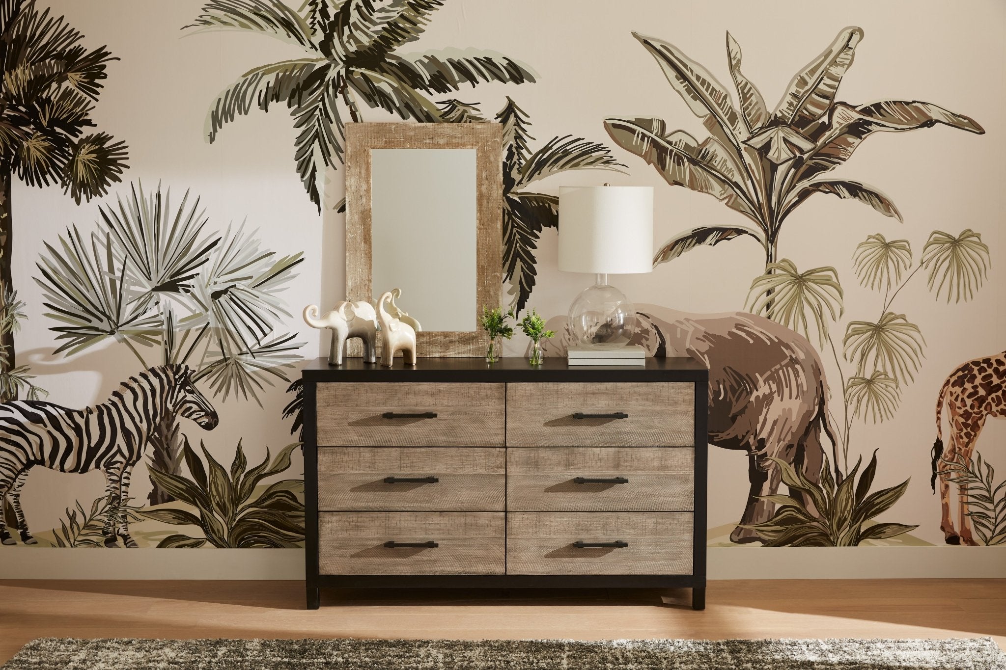 Zebra Wallpaper, Elephant Wallpaper, Giraffe Wallpaper with earth tone decor and brown and black dresser
