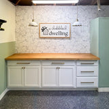 Finished garage with peel and stick wallpaper in blue floral
