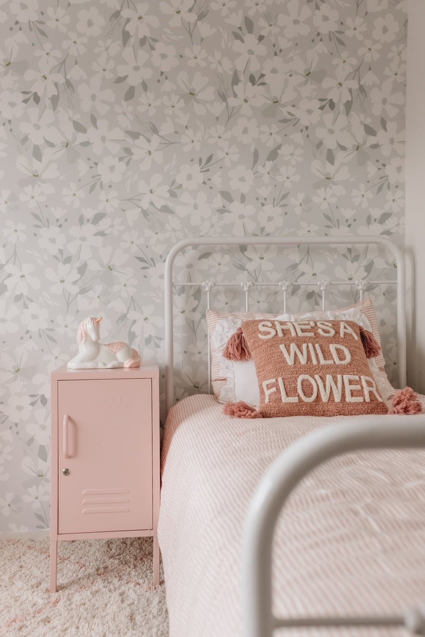 Beautiful blue floral wallpaper with pink decorative accents