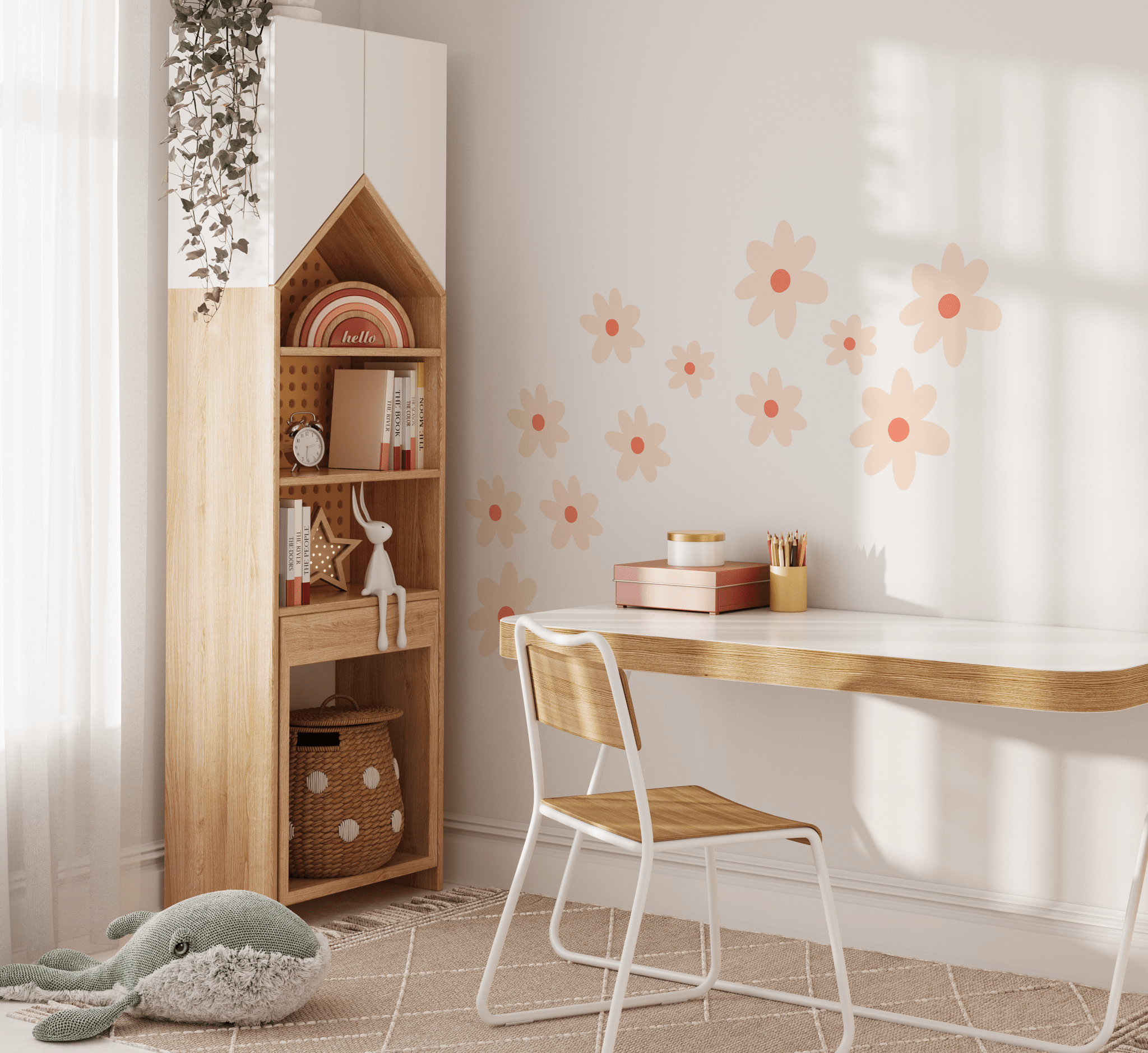 Child's art desk with large daisy wall stickers