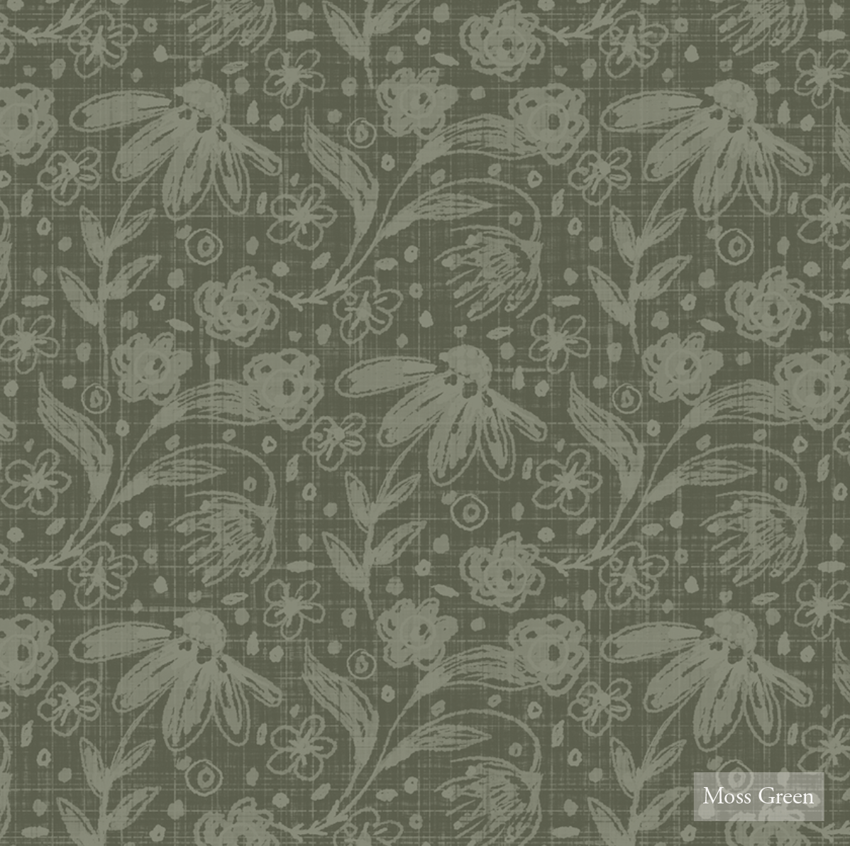 lichen green floral peel and stick wallpaper in moss green, wild flowers wallpaper