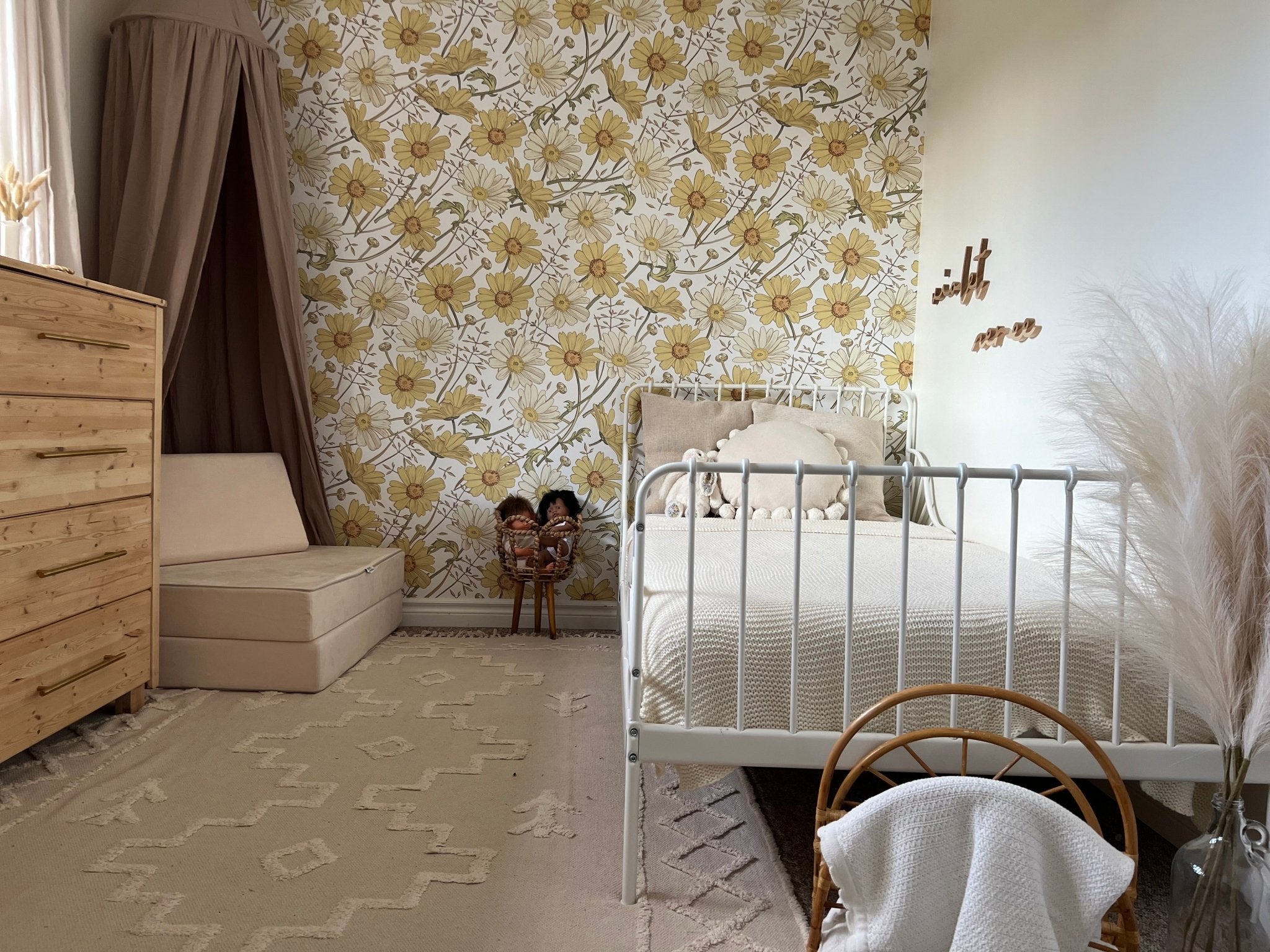 Little love yellow flower peel and stick wallpaper in a girls room