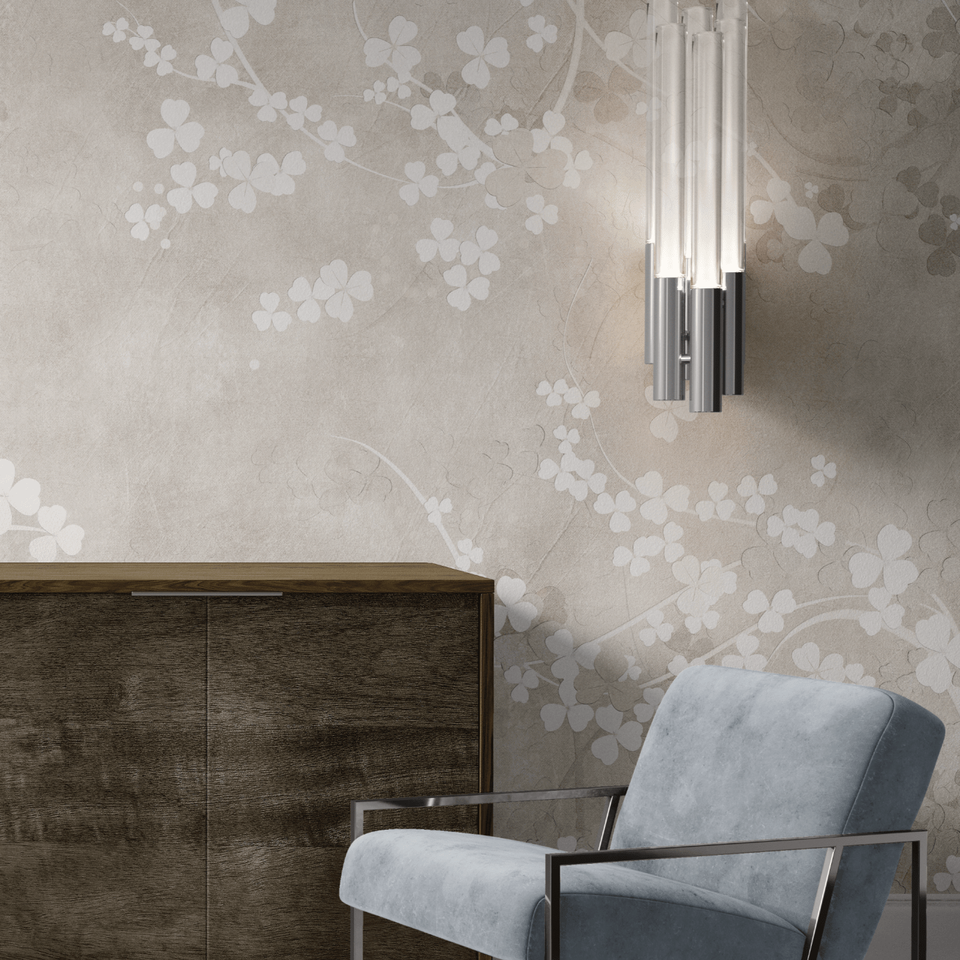A contemporary room with a neutral beige fresco wall mural featuring a floral design, paired with a sleek blue armchair and a modern vertical light fixture above a wooden cabinet.