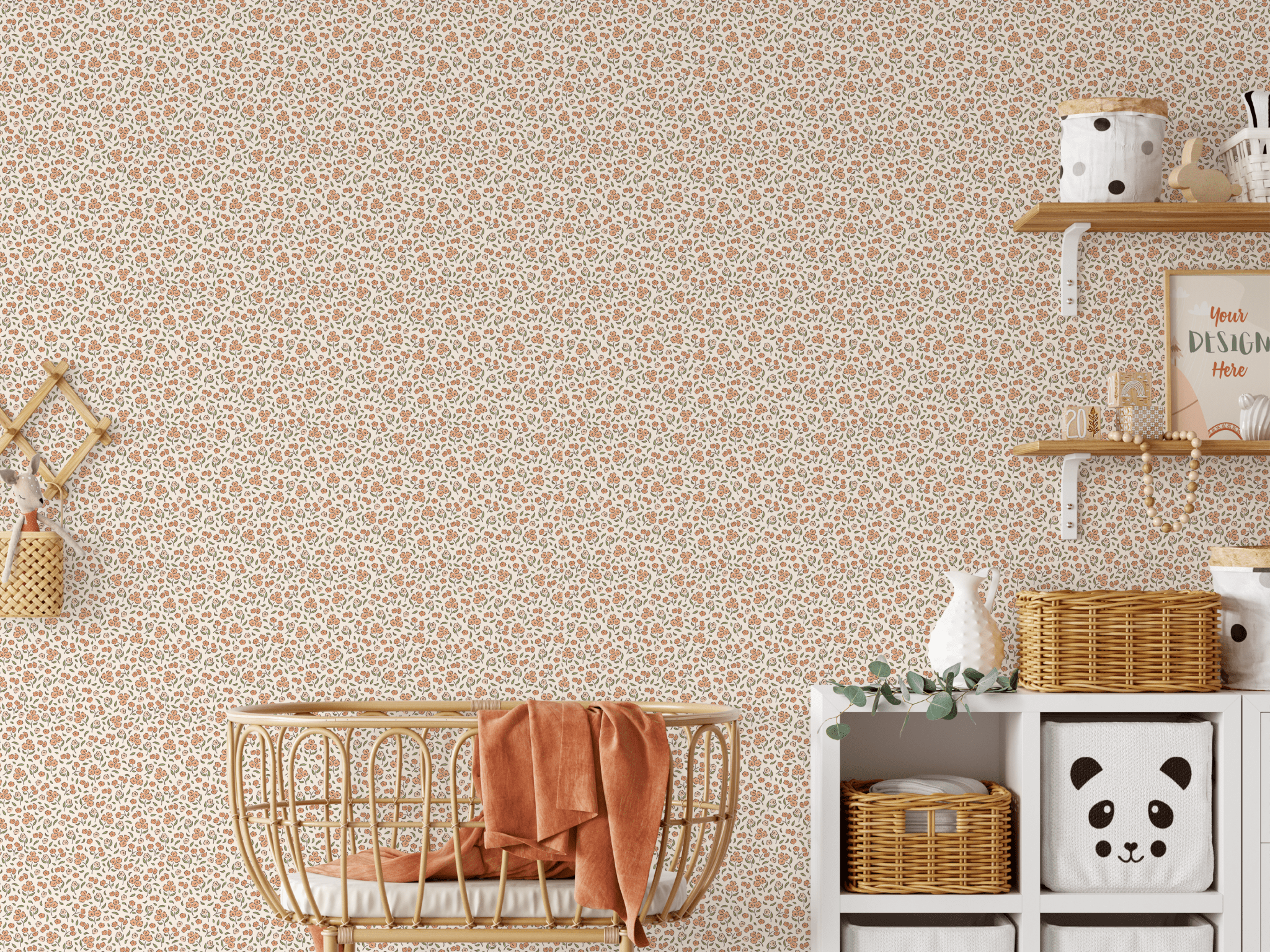 Boho nursery with removable wallpaper, decorated with orange and green floral print.