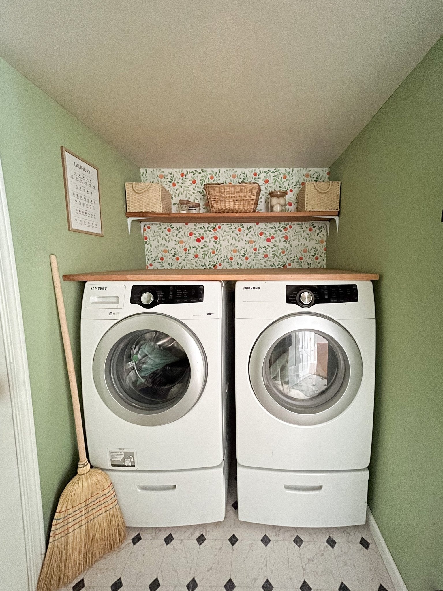 Makeover in Laundry Room using peel and stick oranges wallpaper