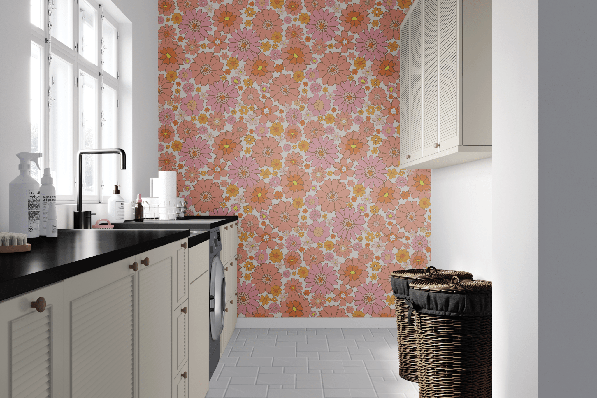 Modern laundry room design featuring retro floral removable self-adhesive wallpaper, creating a lively and cheerful backdrop against the contrast of white cabinetry and dark countertops.