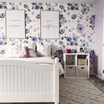 Girls room featuring purple floral peel and stick wallpaper
