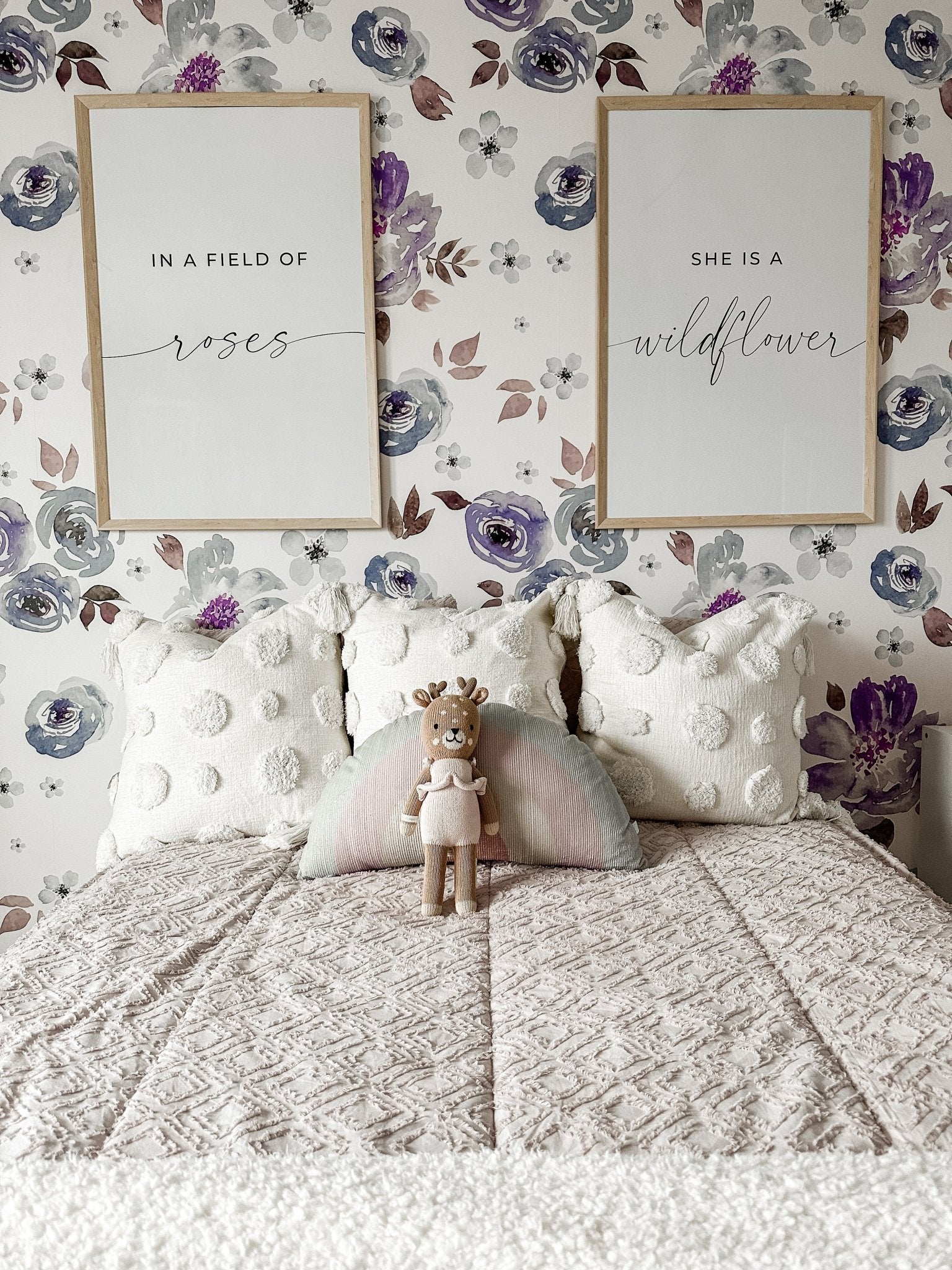 Girls bedroom, spring purple with neutral linens with purple floral peel and stick removable wallpaper
