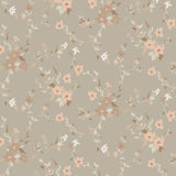 wallpaper pattern with pastel pink and brown rustic flowers intertwined with soft white branches on a taupe background, creating a warm, vintage aesthetic for wall covering