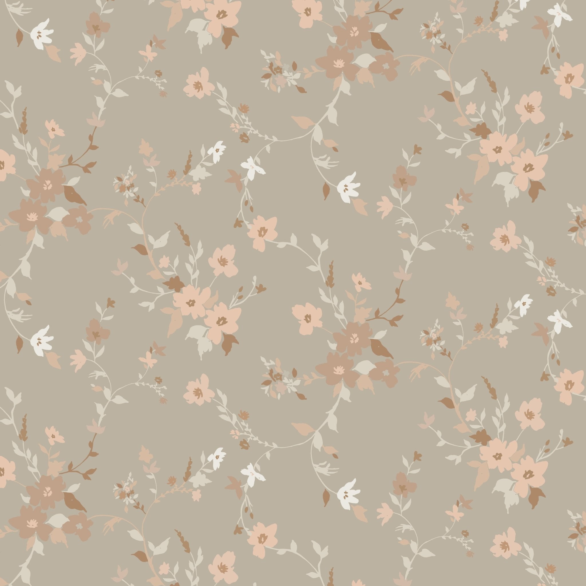 wallpaper pattern with pastel pink and brown rustic flowers intertwined with soft white branches on a taupe background, creating a warm, vintage aesthetic for wall covering