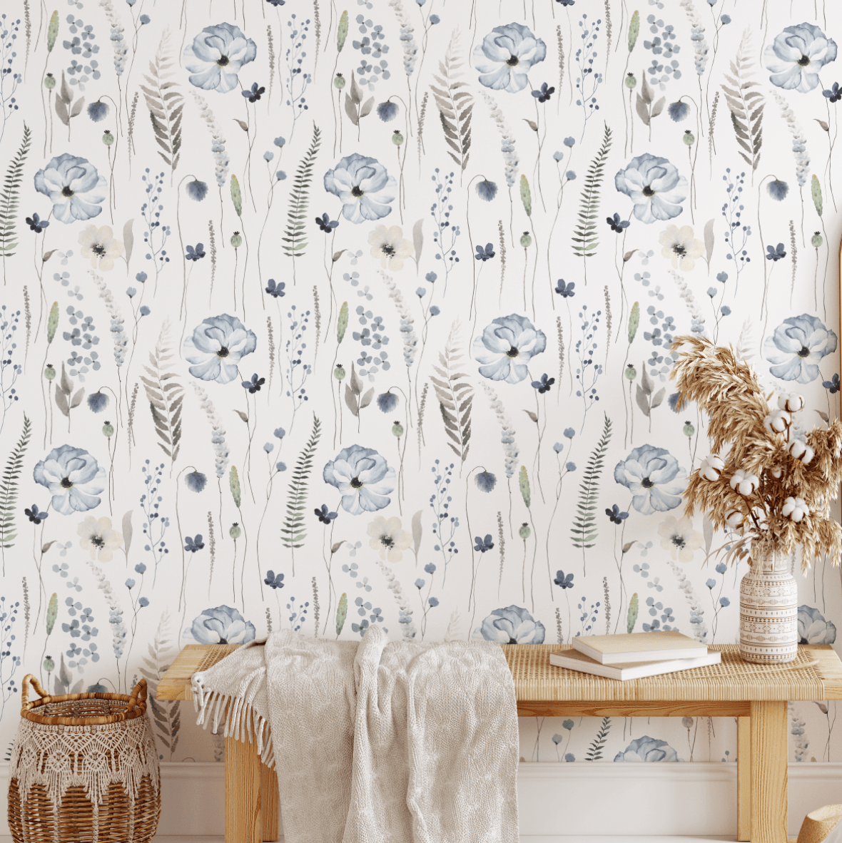 floral peel and stick wallpaper applied to living room wall