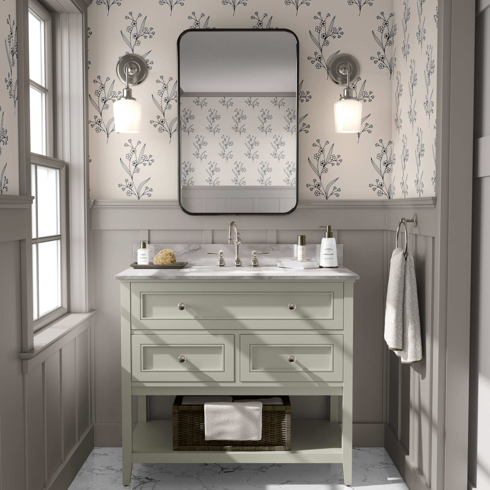 A bathroom featuring twig-patterned peel and stick wallpaper, a green vanity, and marble floors