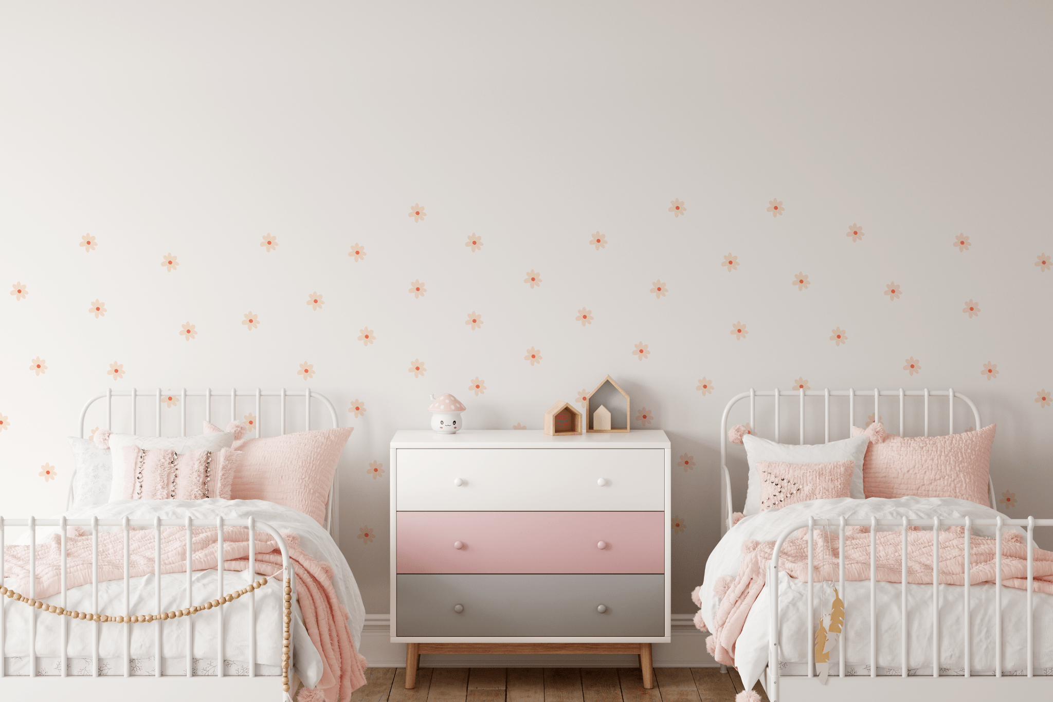 Shared girls room with pink decor and small peel and stick daisy stickers