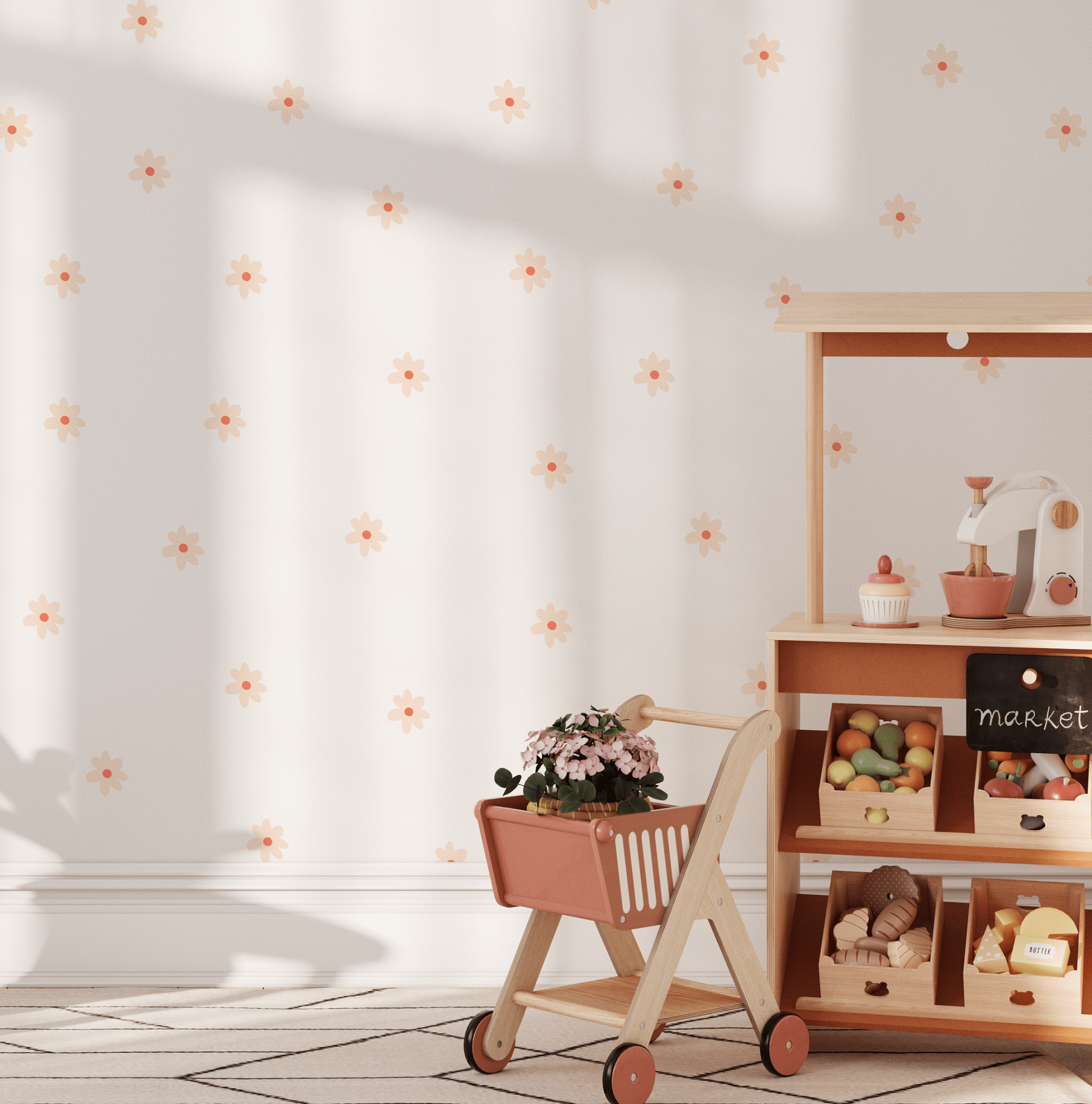 Small dainty floral daisy wall stickers in a child's play area